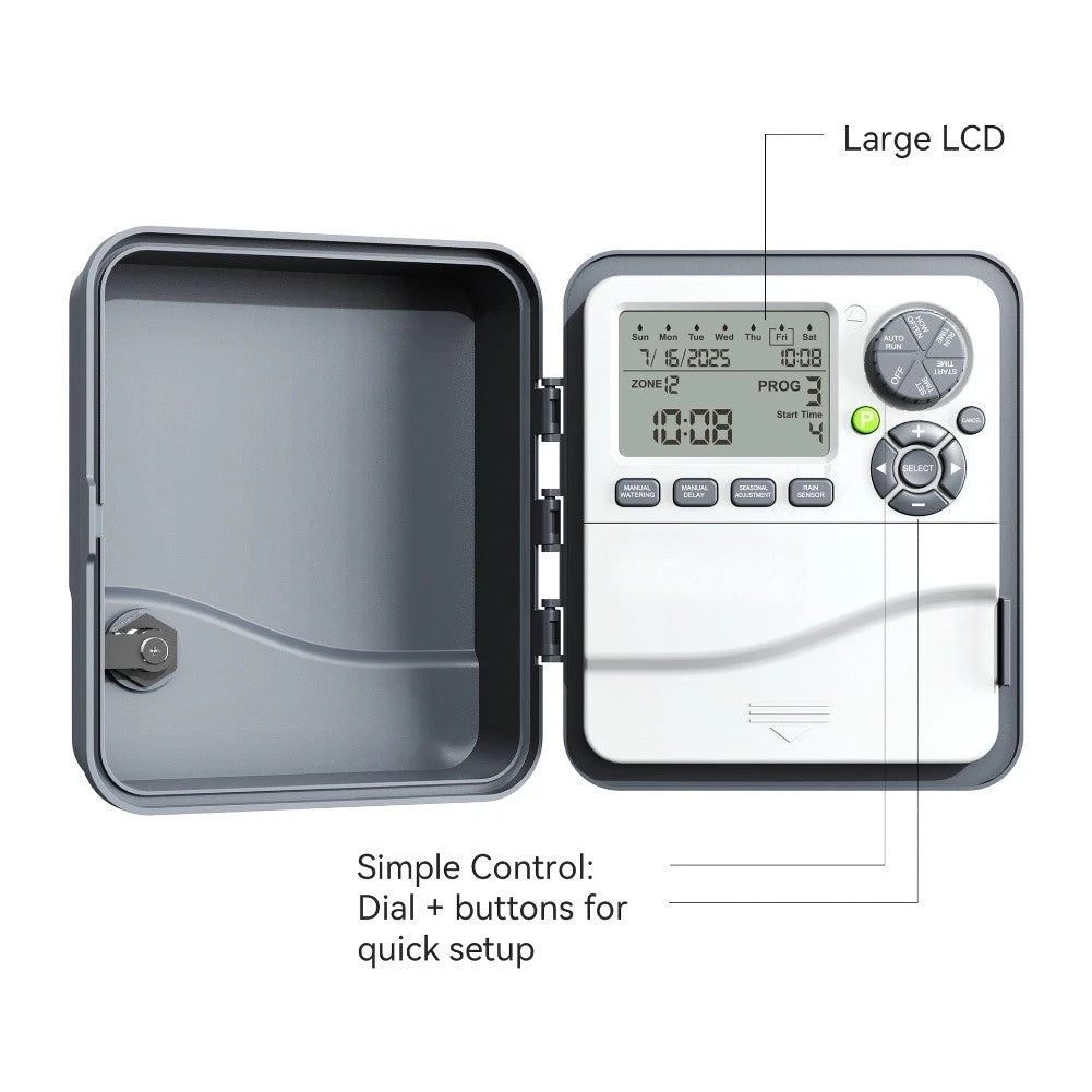 12-Station Sprinkler Controller with Rain Delay & Seasonal Adjustment