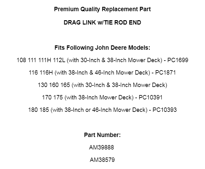 Drag Link Replacement for John Deere 108 111 111H 112L 116 130 (–)