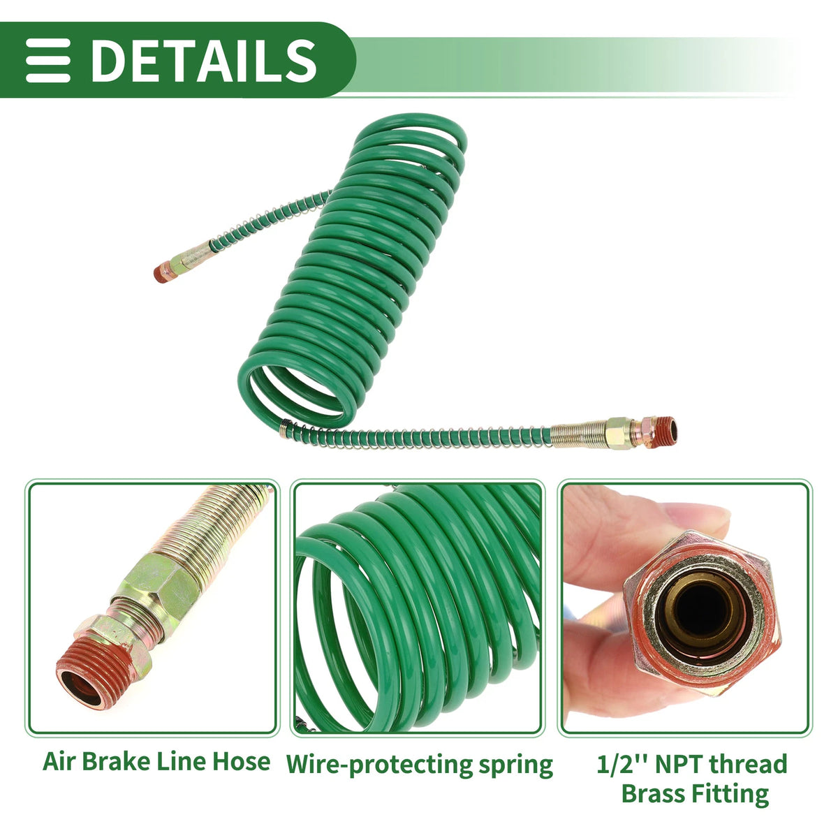 15 Feet Air Brake Hose for (Coiled, Green)