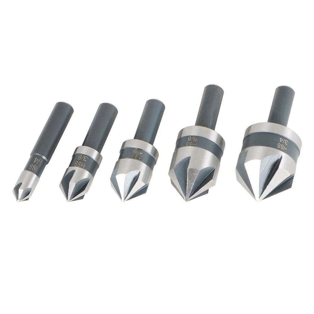 5-Piece HSS Countersink Drill Bit Set for Metals, Wood, Plastic