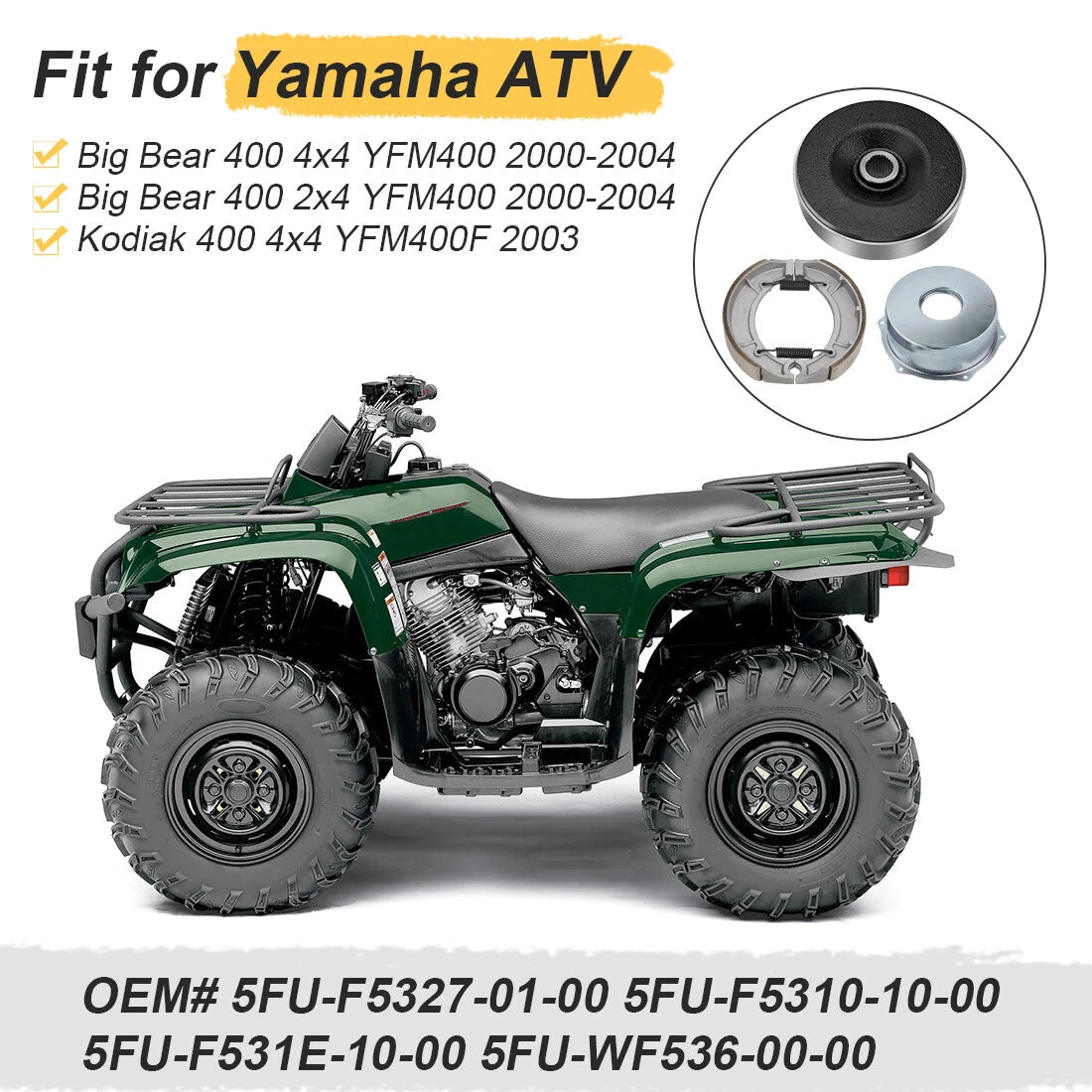 Rear Brake Drum Hub Shoes Cover Kit for Yamaha Big Bear 400 YFM400 (2000–2004)