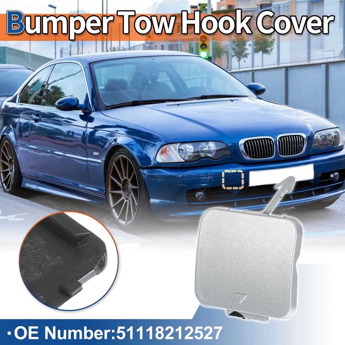 Tow Hook Cover for BMW 525i 528i (No. 51118212527, Silver Tone)
