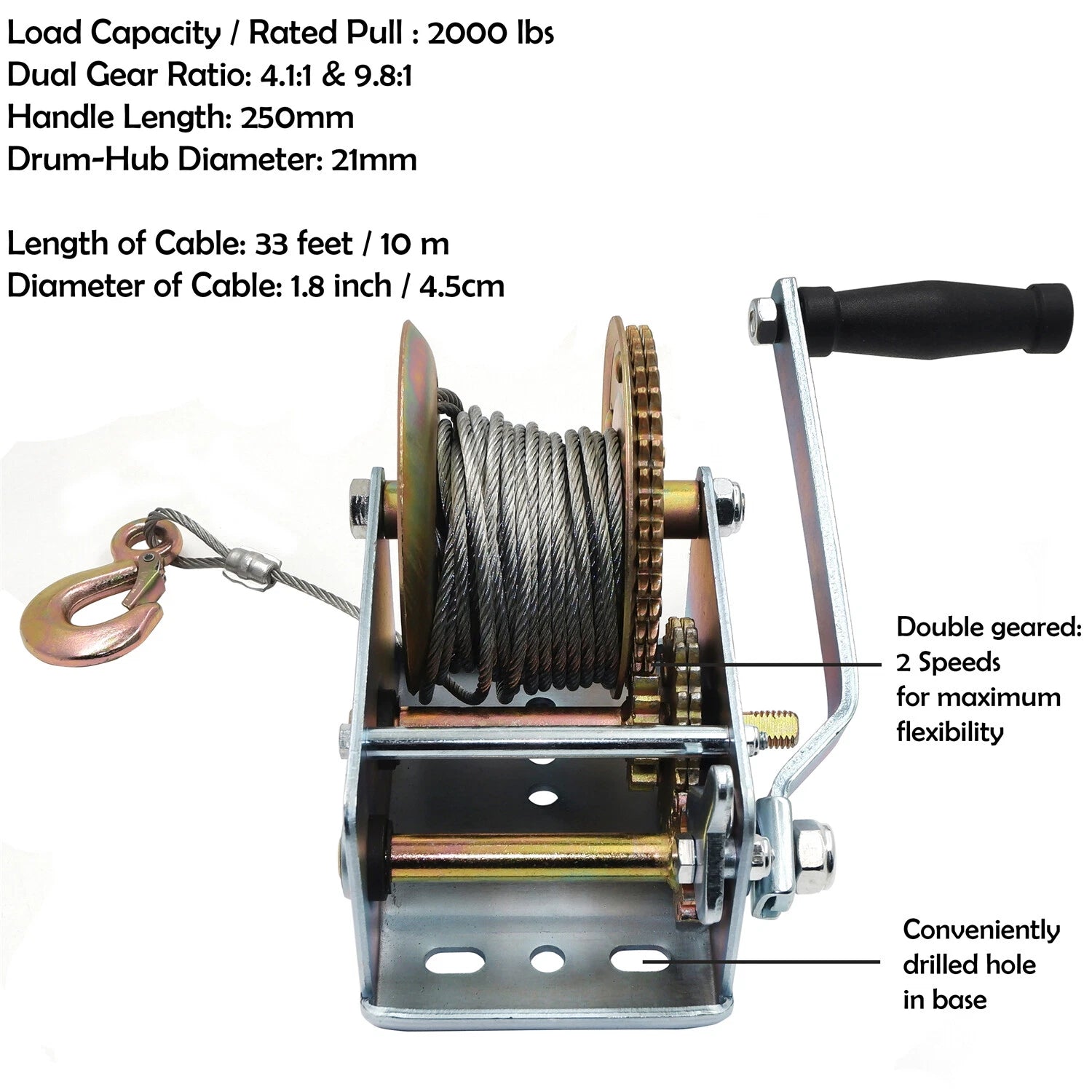 2000lbs Hand Winch for ATV Boat Trailer (Heavy Duty)
