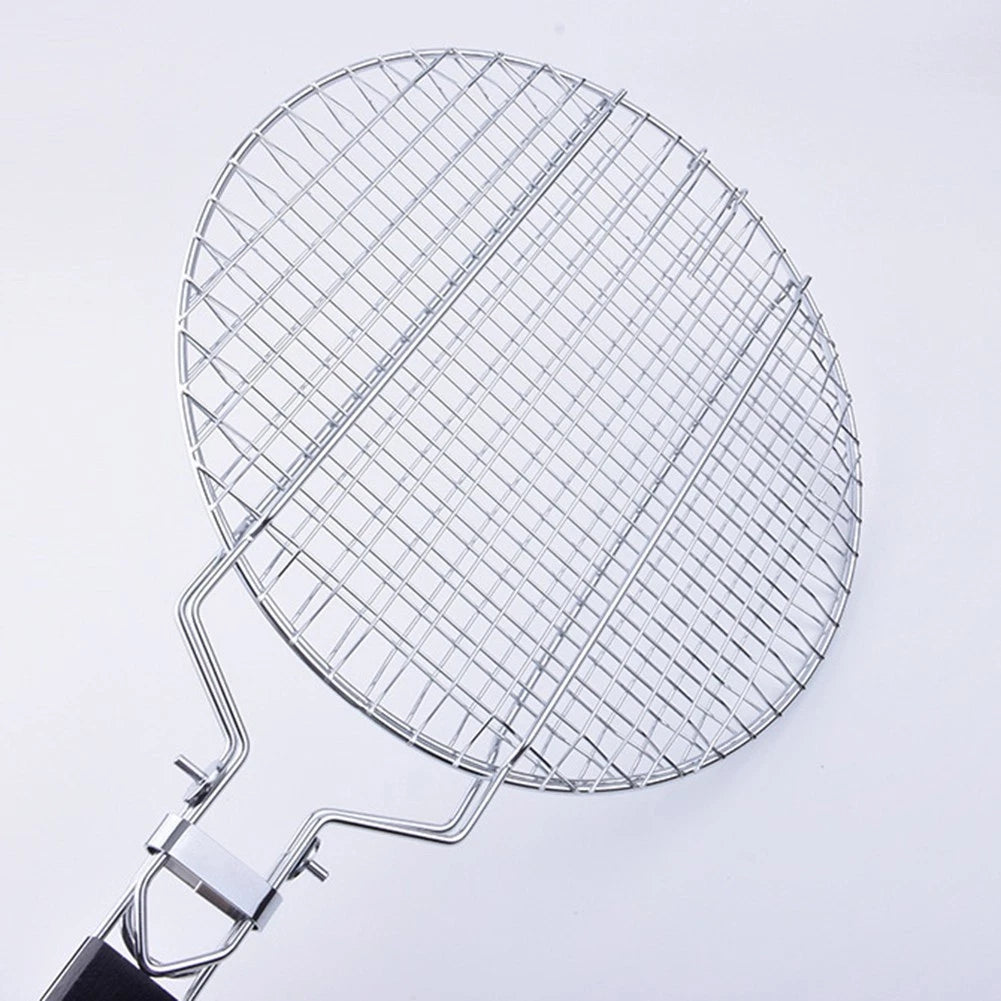 Stainless Steel Barbecue Grill Basket with Wooden Handle for Easy Flipping