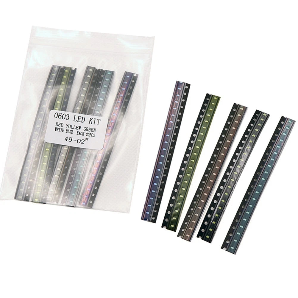 100pcs 0603 LED Light Assortment Kit - Red, White, Green, Blue, Yellow