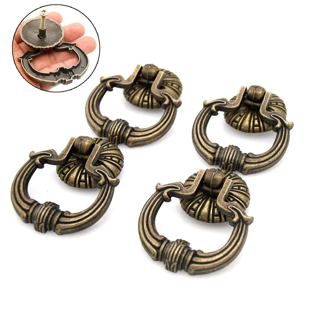 Set of 4 Antique Bronze Knob Vintage Ring Pull Handles for Drawer Cabinet