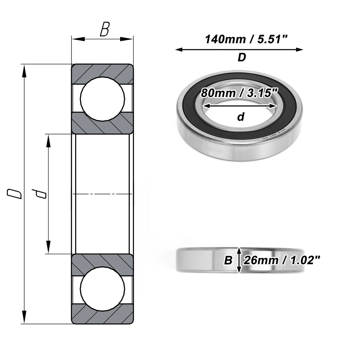 Deep Groove Ball Bearing 6216DDU for Scooter Skateboard (80x140x26mm)