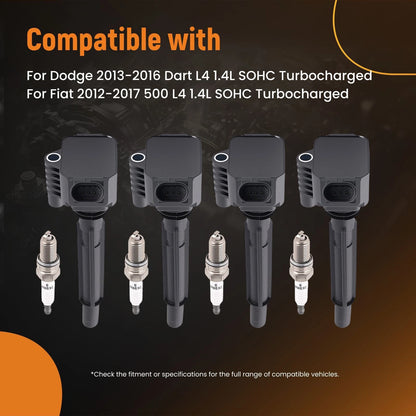 4X Ignition Coil + Iridium Spark Plug for Dodge Dart Fiat 500 (2012–2017) UF673