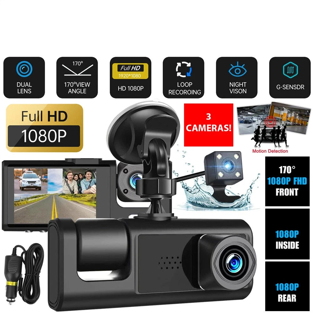 Dual Lens Dash Cam for Car (HD 1080P, Front/Rear/Inside)