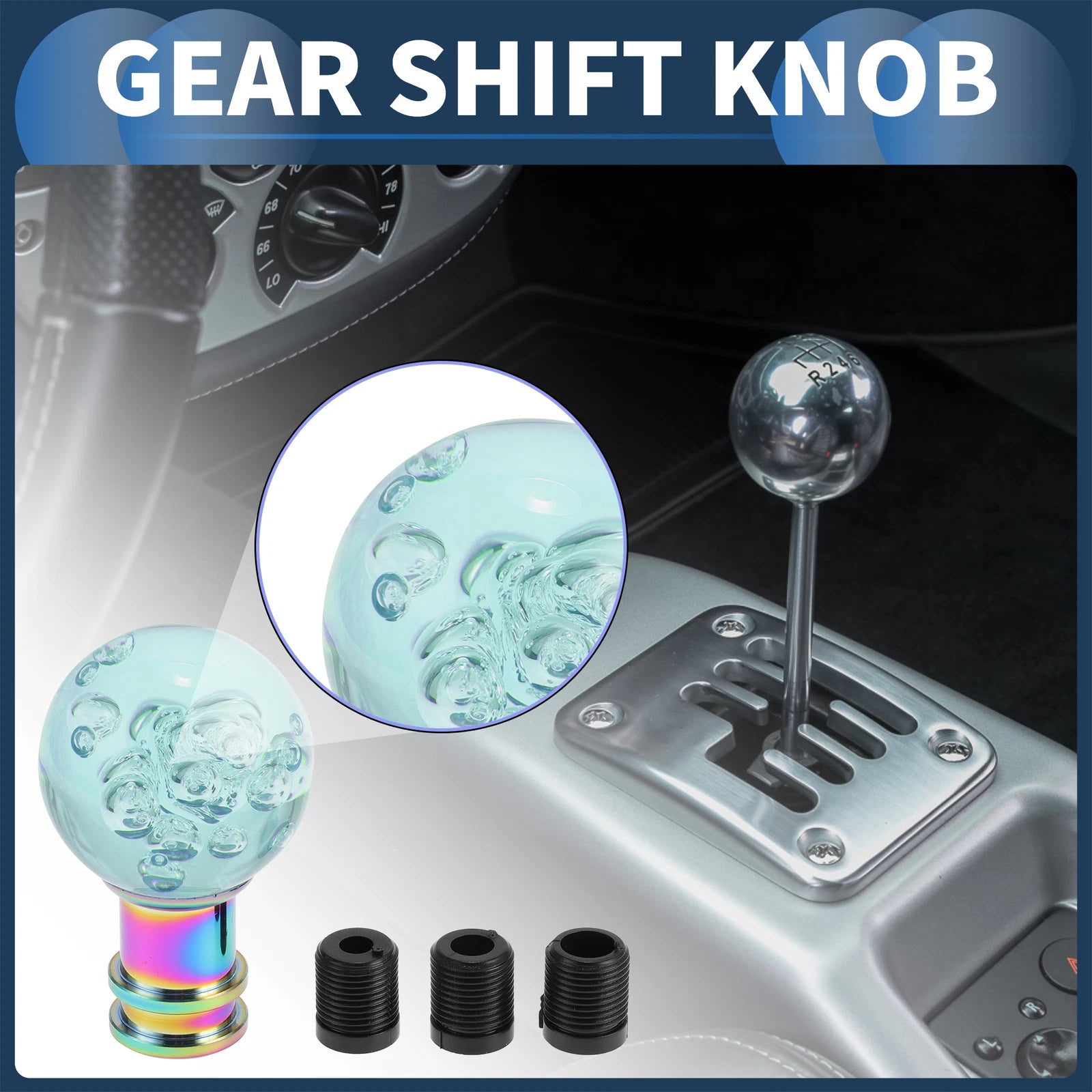 Shift Knob with 3 Adapters for Universal Vehicles (9cm, Light Blue)