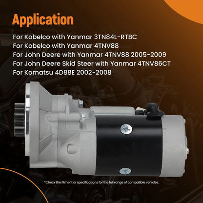 Starter Motor for John Deere Yanmar 4TNV88 Komatsu 4D88E (2005–2009)