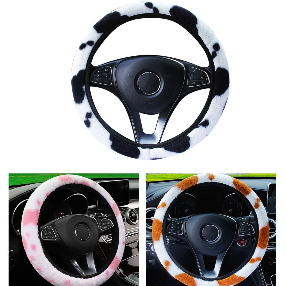 Steering Wheel Cover for - Cow Pattern, Pink White, Elastic