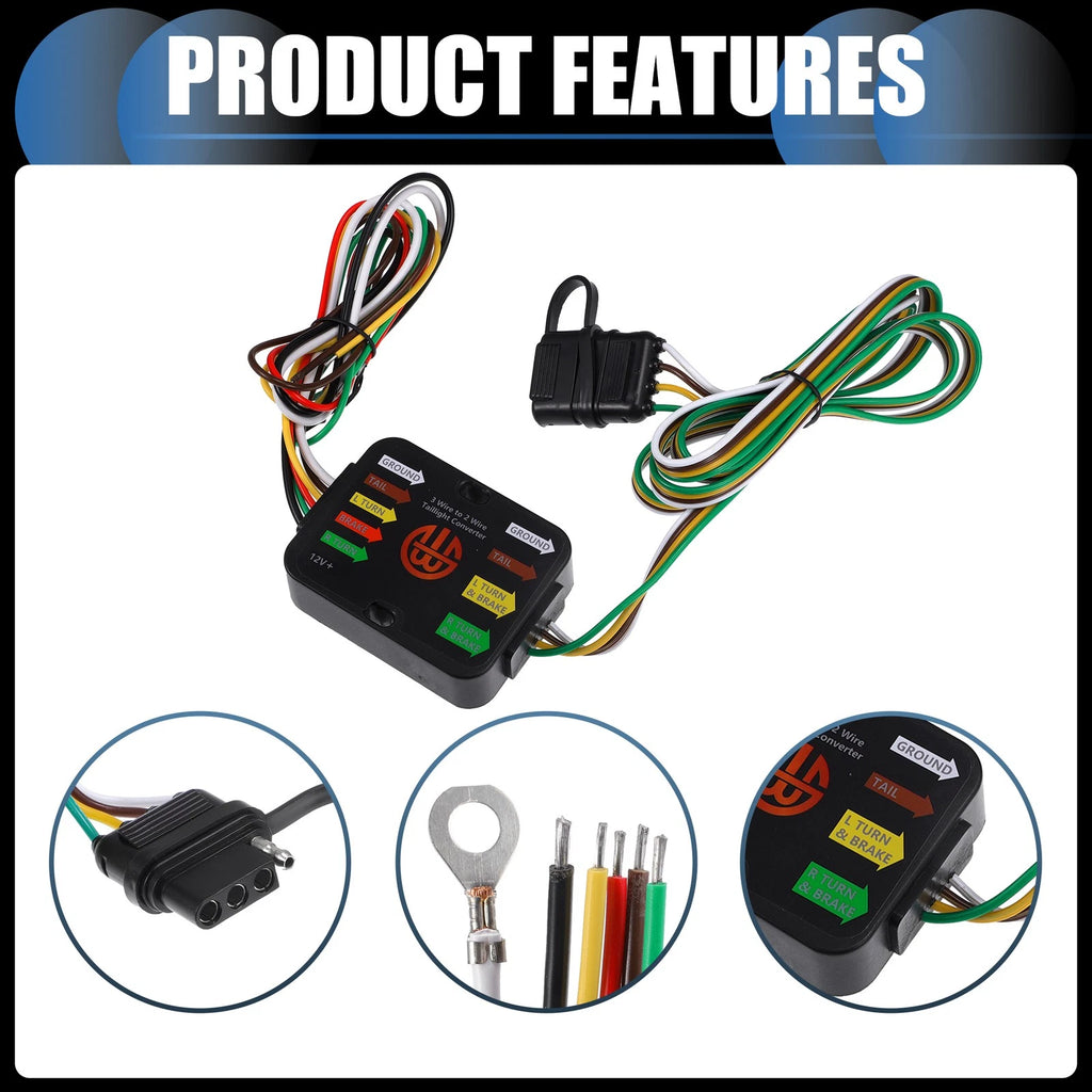 Trailer Tail Light Converter 3-to-2 Wire Splice-in for Universal Car Use (—)
