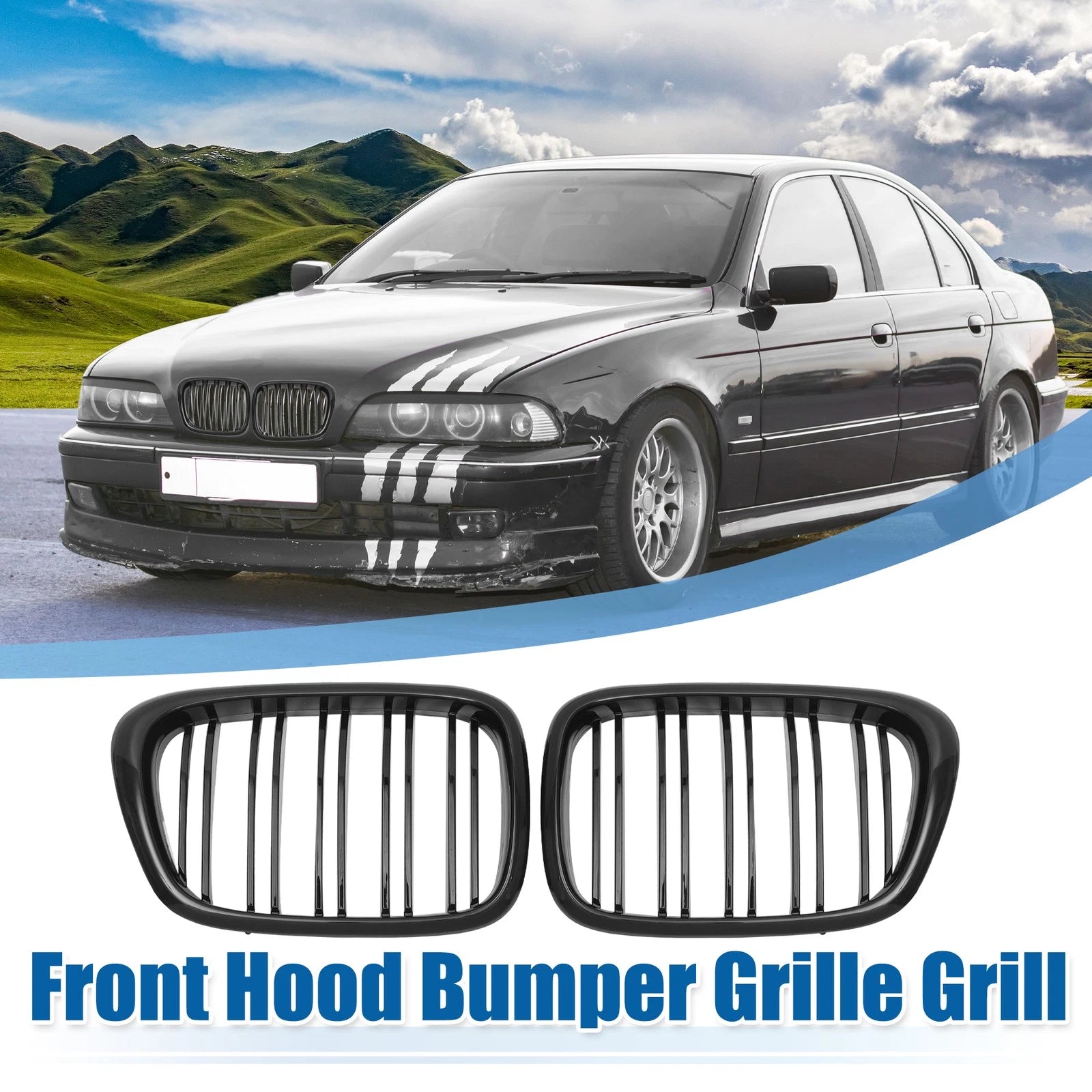 Pair Front Hood Bumper Grille Grill Replacement for BMW 525i 530i E39 (2001–2003)