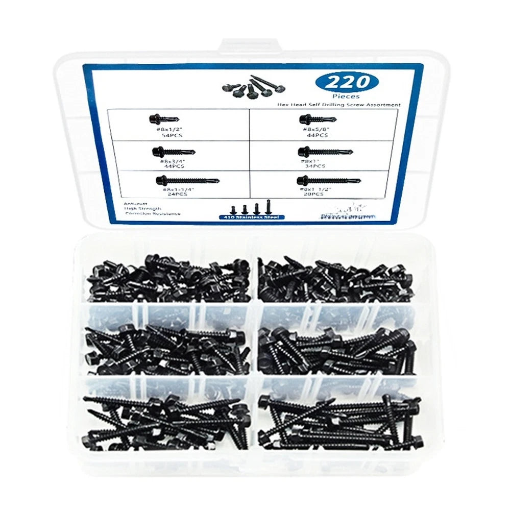 Set of 220 Black Self Drilling Screws - 410 Stainless Steel Hex Head