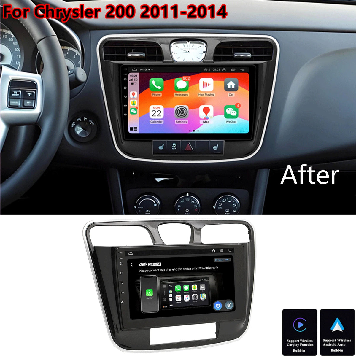 9" For 11-14 Chrysler 200 Carplay Android Auto Stereo Radio GPS Head Unit 4+32GB