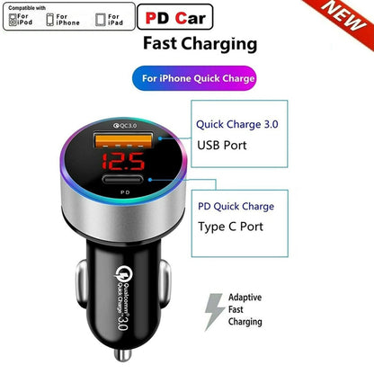 USB PD QC3.0 Fast Car Charger for DC12V-24V Vehicles (Type-C, Digital Display)