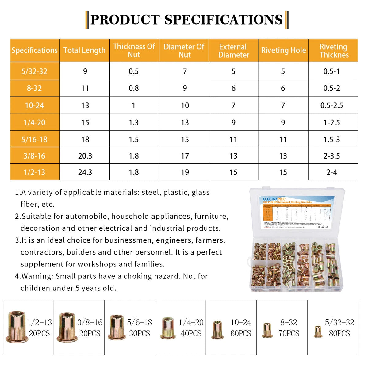 Set of 320 Mixed Rivnuts for Various Applications (M3-M12)