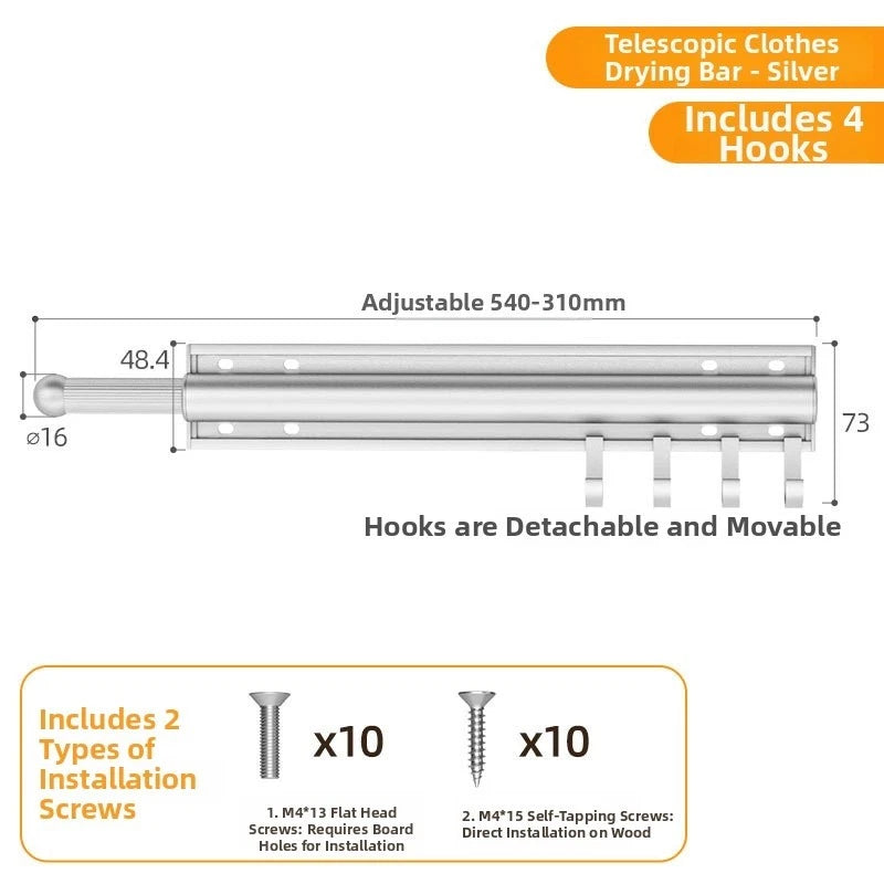 Space Saving Wall Mounted Clothes Rack with Adjustable Length and Hooks