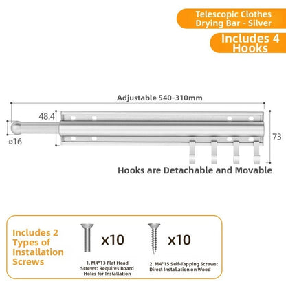 Space Saving Wall Mounted Clothes Rack with Adjustable Length and Hooks