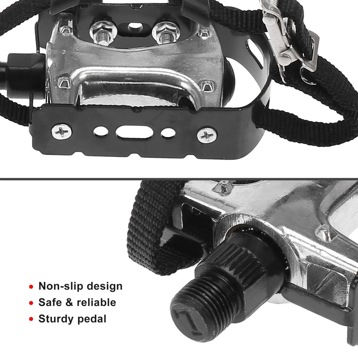 Road Bike Pedals 9/16 Platform with Toe Clips and Fixed Straps Pair