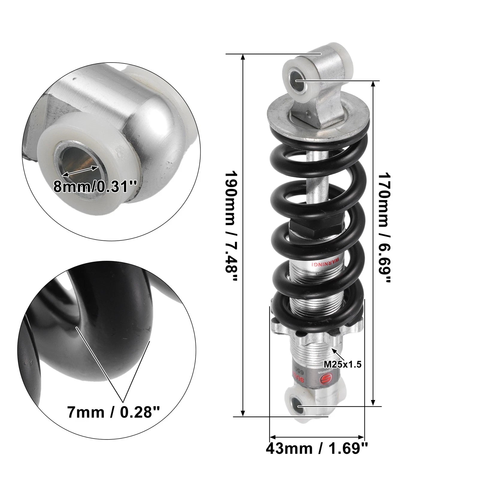 Rear Shock Absorber Spring 170mm 650lbs Replacement for Scooter ATV (2005–2015)