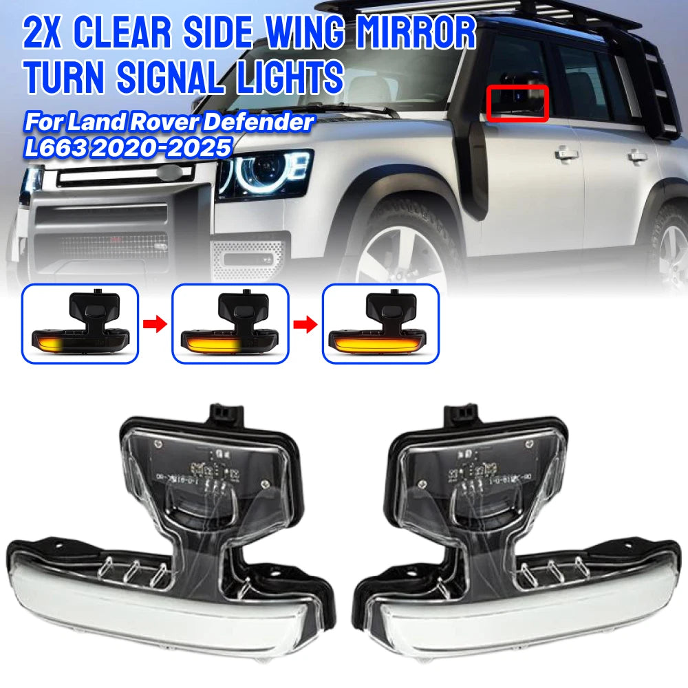 Clear LED Side Mirror Turn Signal Lights for Land Rover Defender L663 (2020–2025)