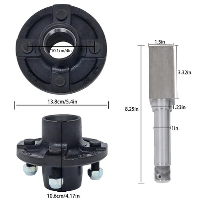 Set of 4 Trailer Hub Kit & 1" Square BT8 Spindle with Bearings for Trailer