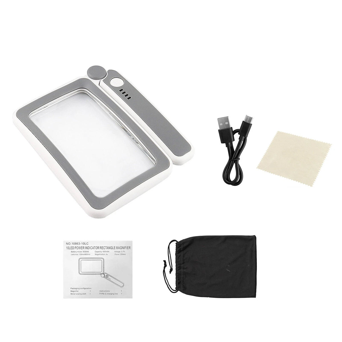 Rechargeable 4x Rectangular Magnifier with LED Light for Needlework