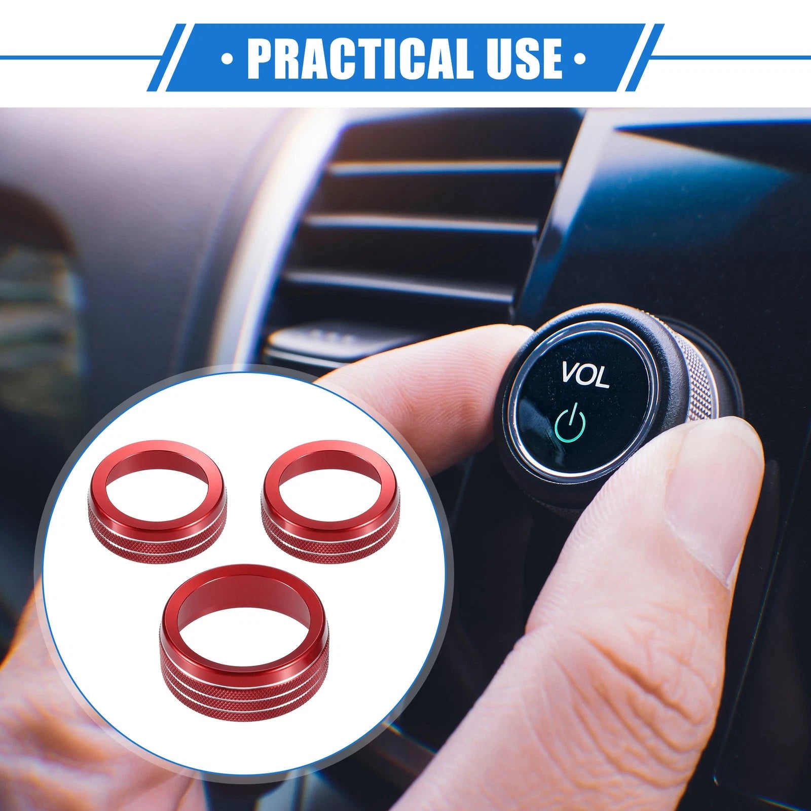 3pcs Audio Volume Tune Switch Knob Ring Cover for Dodge Dart (2012–2018) Red