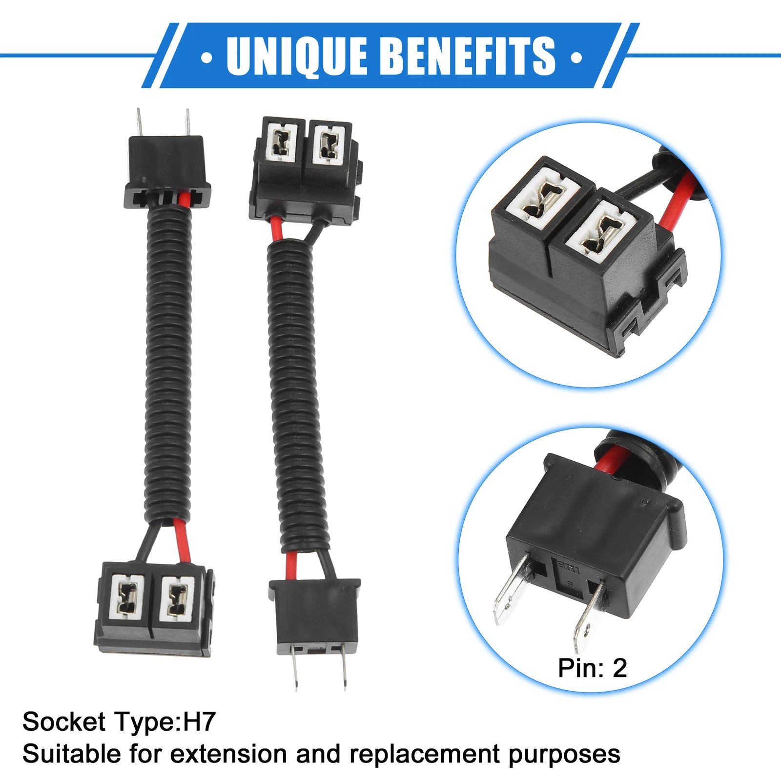 2X H7 Extension Wire Harness Headlight Socket Connector for Cars