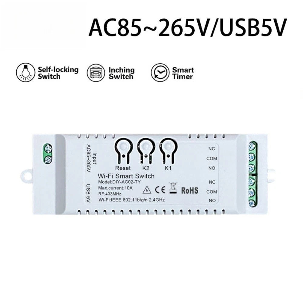 WiFi Relay for Tuya (2.4GHz, AC 85-250V, Max 10A, USB 5V)