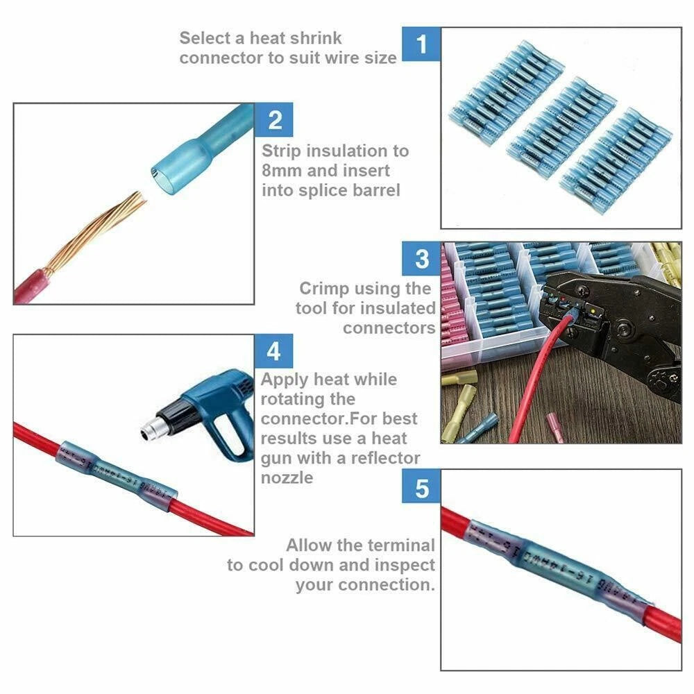 100X Heat Shrink Butt Connectors for Crimp Terminal 16-14 AWG