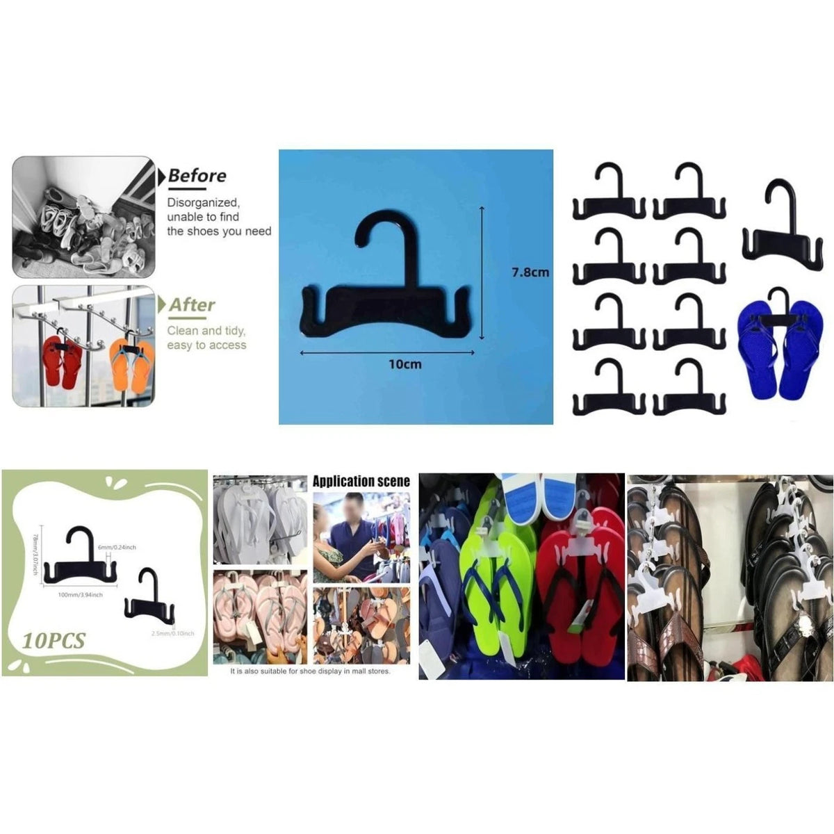 10 Pieces Black Plastic Flip Flop Hangers for Shoe Rack (Space Saving)