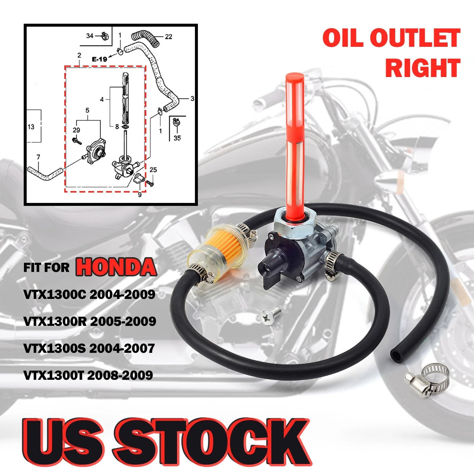 Fuel Vacuum Petcock with Filter for Honda VTX1300C VTX1300R VTX1300S VTX1300T (2004–2009)