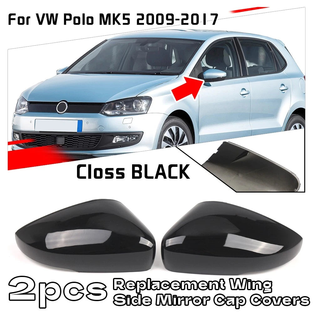 Set of 2 Rear Mirror Cover Caps for VW Polo MK5 (2009–2017) Gloss Black