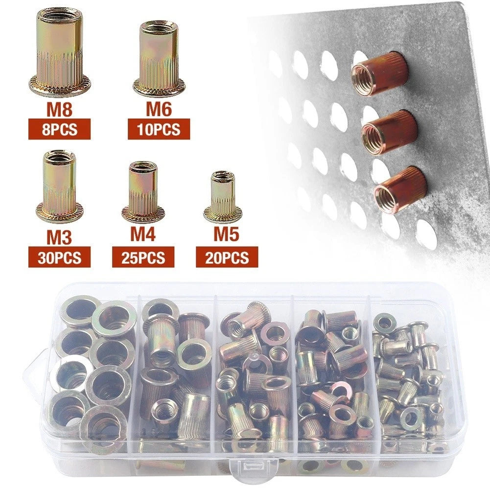 93 Pcs Stainless Steel Rivet Nuts Hex Knurled Zinc Plated for Assembly Tasks