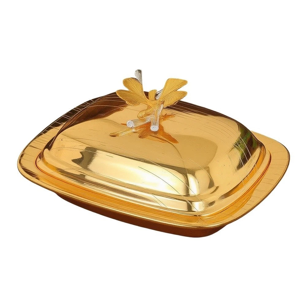 Rounded Metal Butter Container with Ginkgo Leaf Pattern Lid for Tabletop Use