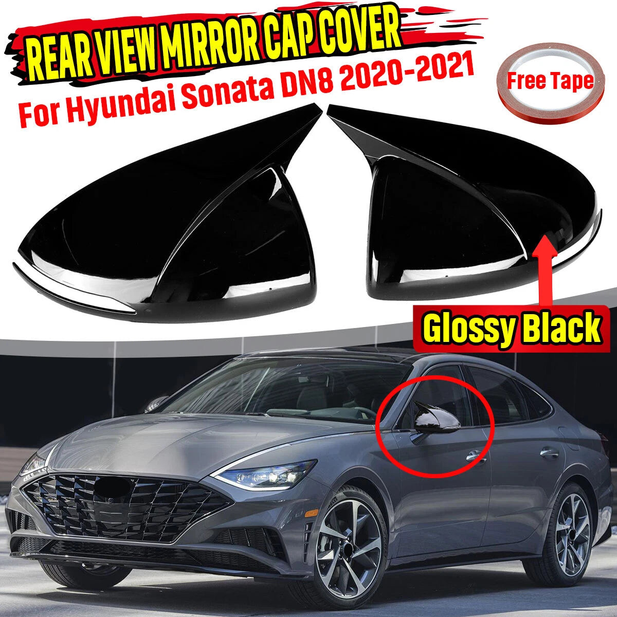 Gloss Black Add-On Rear View Mirror Cap Cover for Hyundai Sonata (2020–2023)