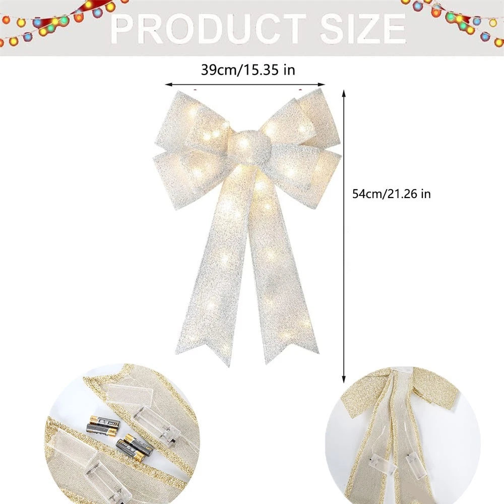 Large Silver Lighted Bow for Christmas Tree Topper (Indoor Use)