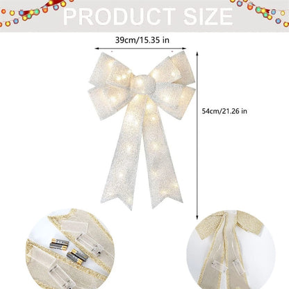 Large Silver Lighted Bow for Christmas Tree Topper (Indoor Use)