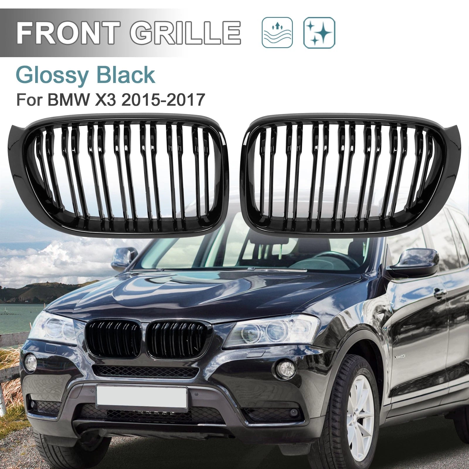 Front Hood Grill Kidney Grille Double Slat Replacement for BMW X3 (2015–2017)