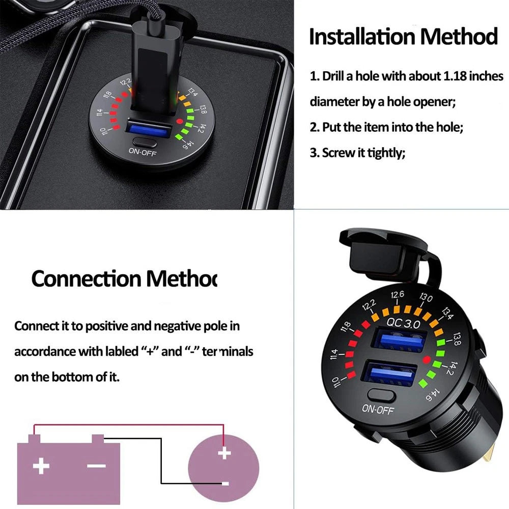 36W Dual USB Fast Charger Socket with LED Voltmeter ON/OFF Switch (12-24V)