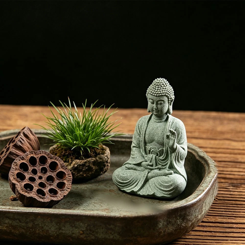 Green Sandstone Buddha Statue for Zen Aesthetic Living Room Decor