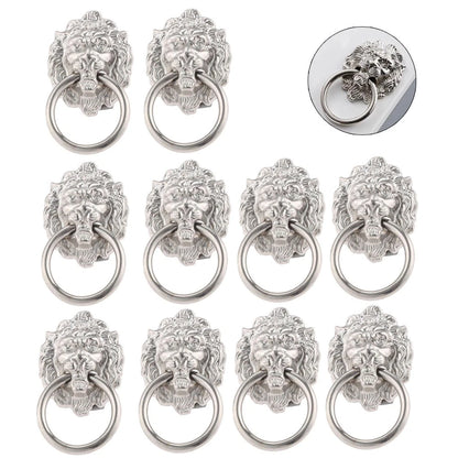 10Pcs Silver Lion Head Door Pull Handle Ring Dresser Drawer Knob Cabinet Pulls