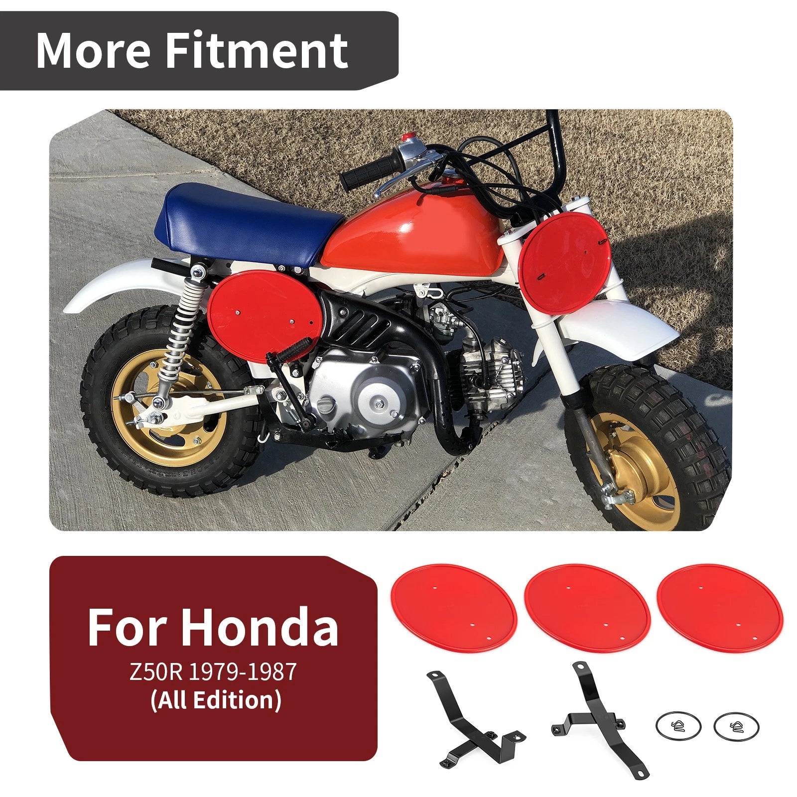 3 Red Number Plate Kit for Honda Z50 Z50R (1979–1987) w/ Brackets Clips Bands