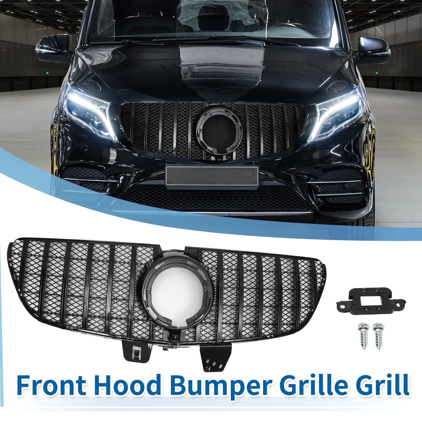 Front Upper Bumper Grille Grill for Mercedes-Benz V-Class 2020–2024 Glossy Black