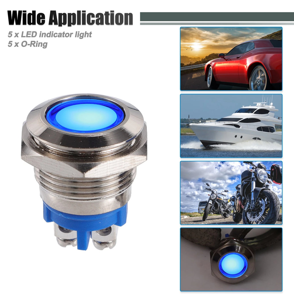 5 Pcs 16mm LED Waterproof Pilot Indicator Light for Universal Fit