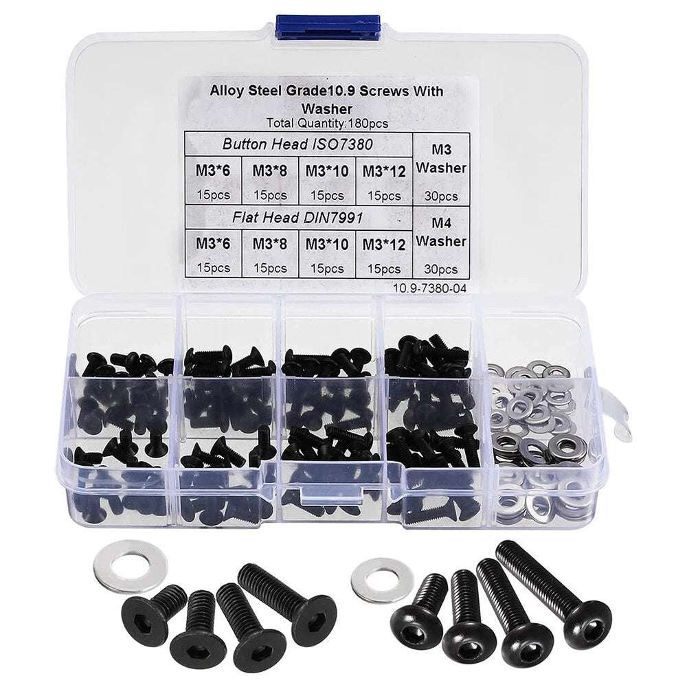 180PCS M3 Black Round Head Socket Screws with Flat Washers for Universal Use