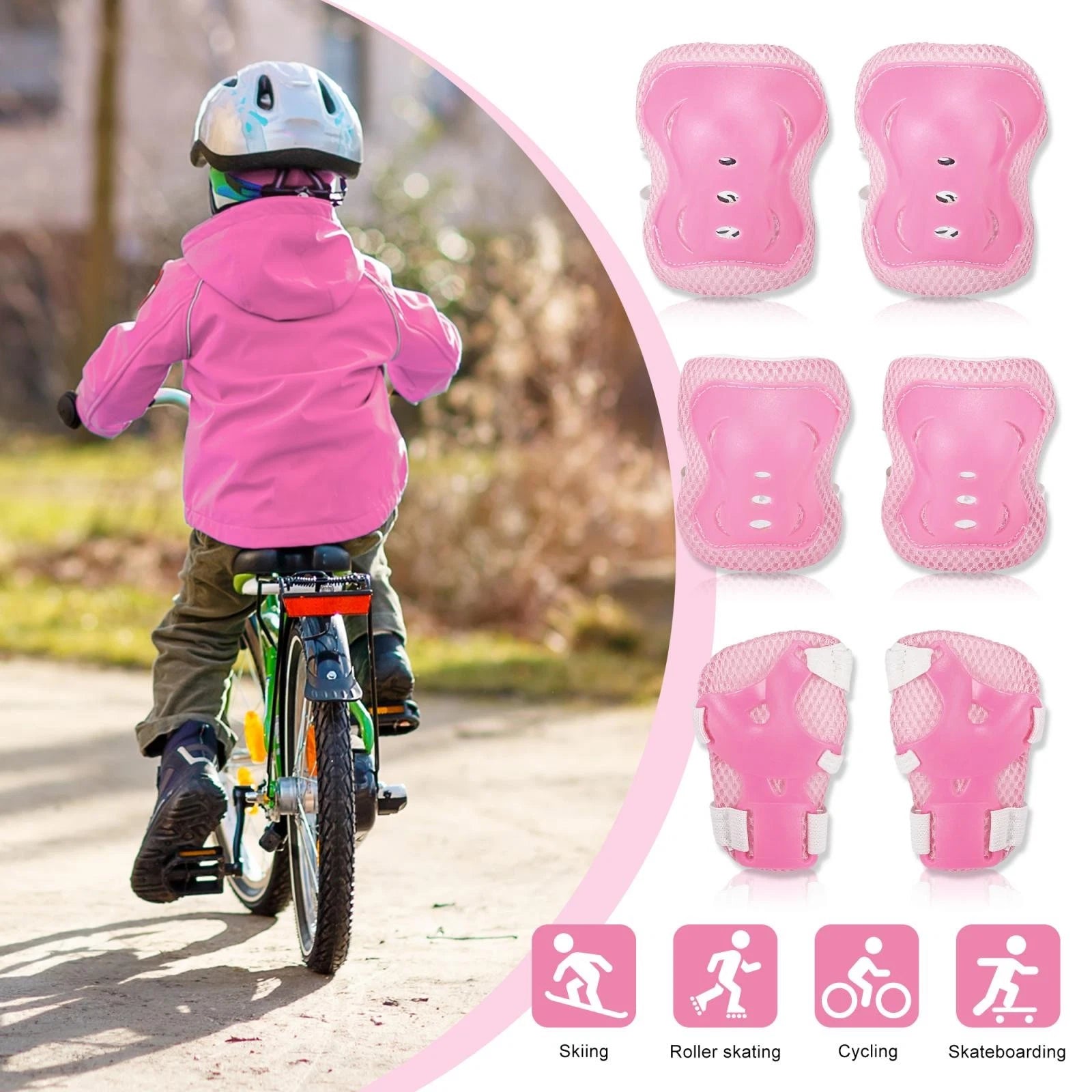 Bicycle Knee Elbow Wrist Protector Pads Set for Pink Skating Gear (3 Pair)